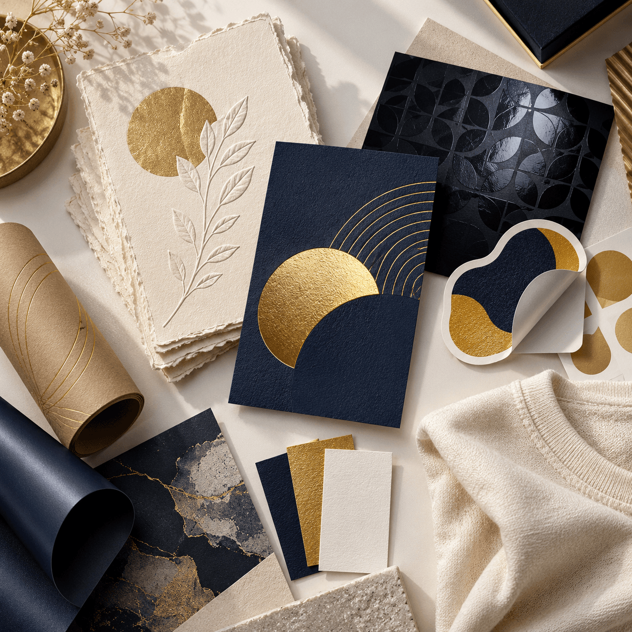 Print samples showing paper stocks, gold foil, Spot UV, die-cut stickers and cotton fabric
